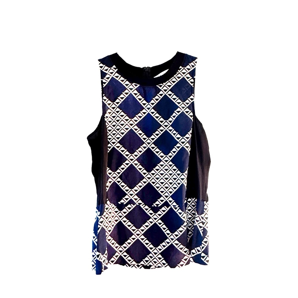 Trina Turk Black/ Blue and White Geometric 100% Silk Sleeveless Top Size Small